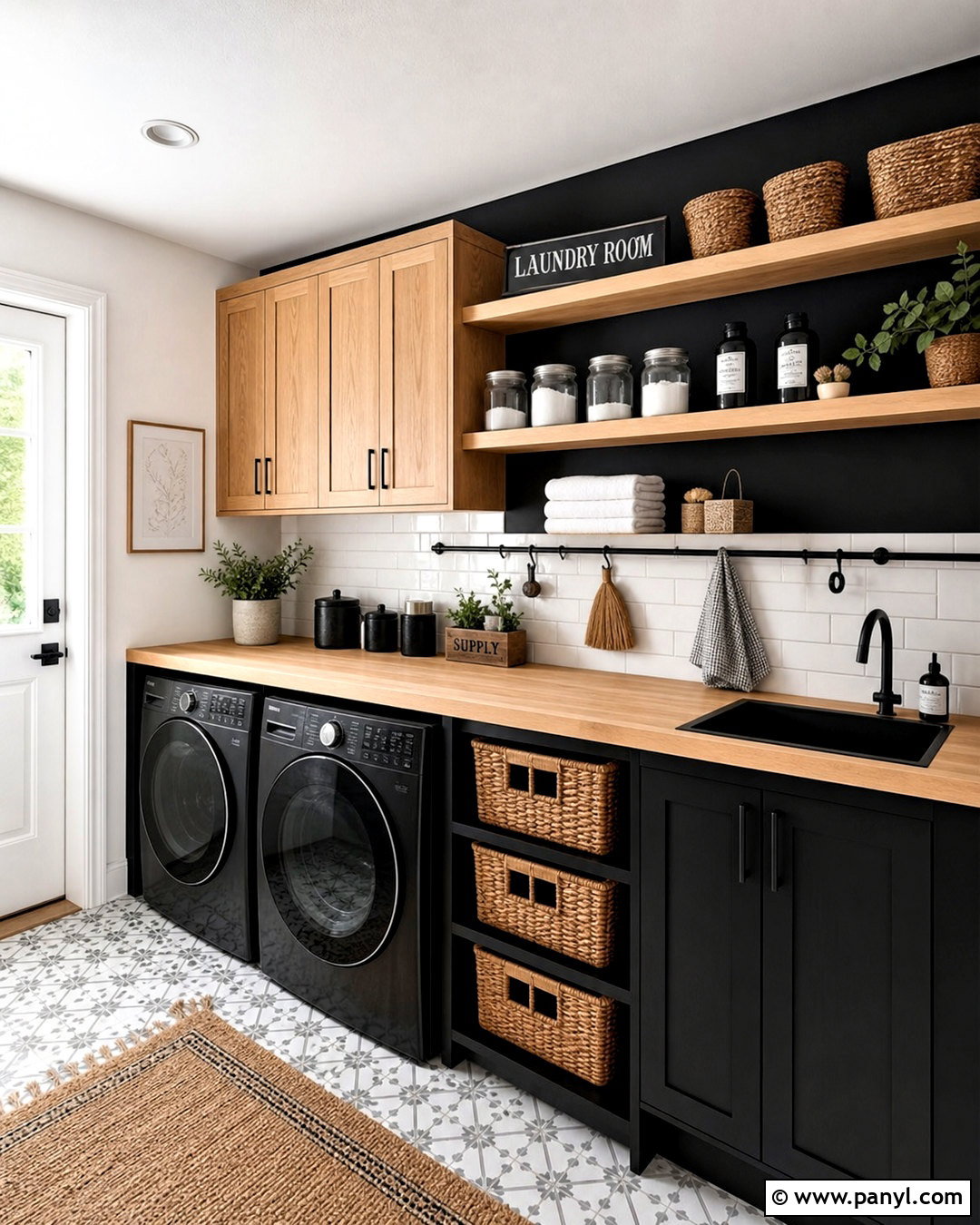 Black Wall Laundry Room With Wood Counter - 20 black wall with wood accents