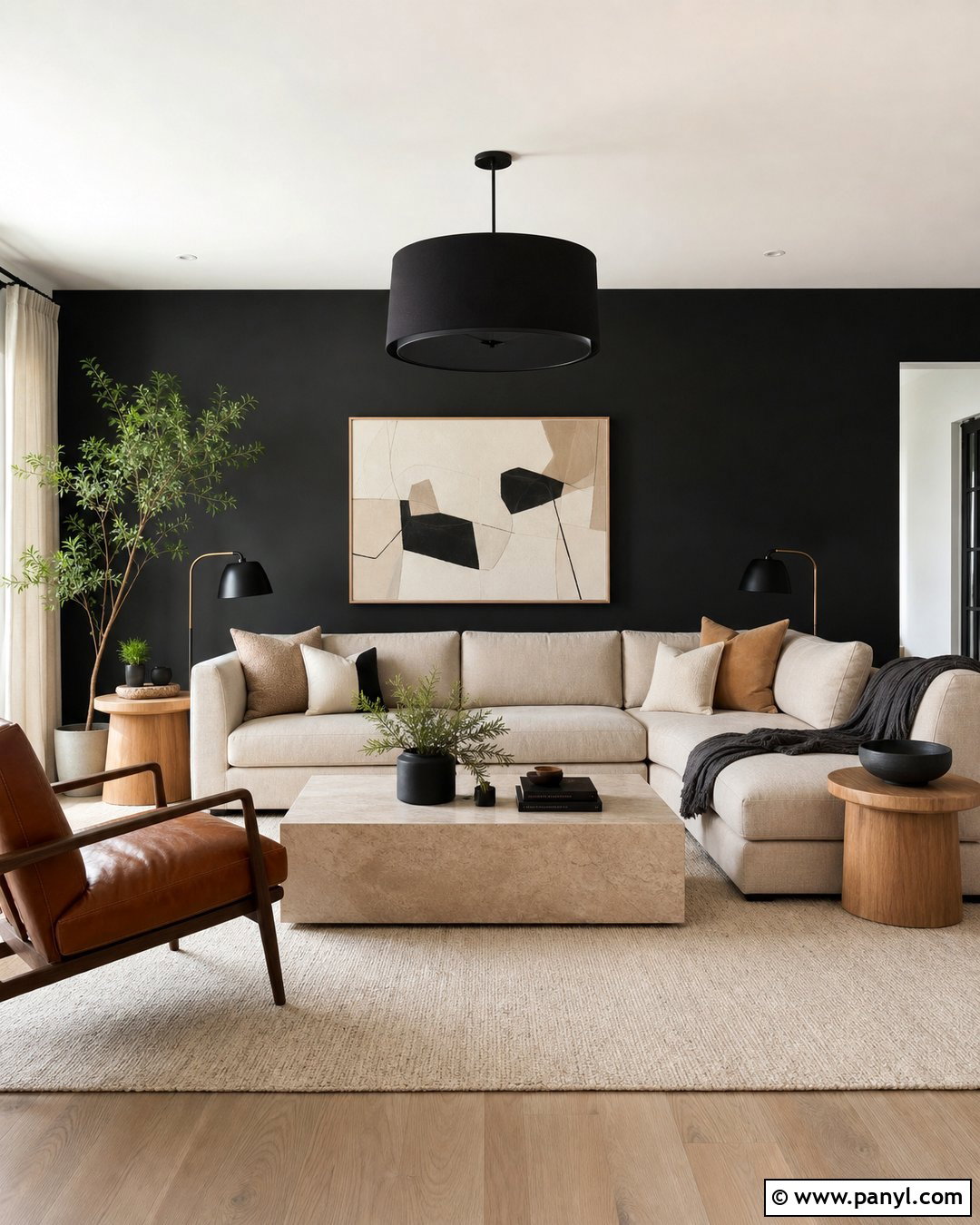 Black Wall Living Room With Beige Sofa - 30 Black Wall Interior Ideas