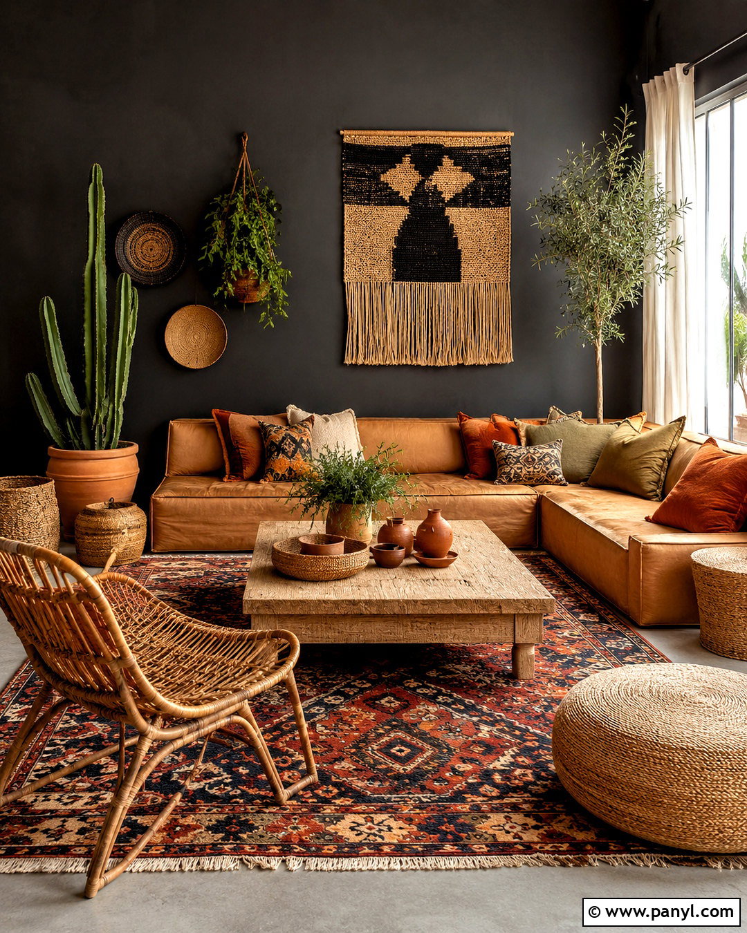 Black Wall Living Room With Boho Decor - 20 black wall living room decorating ideas