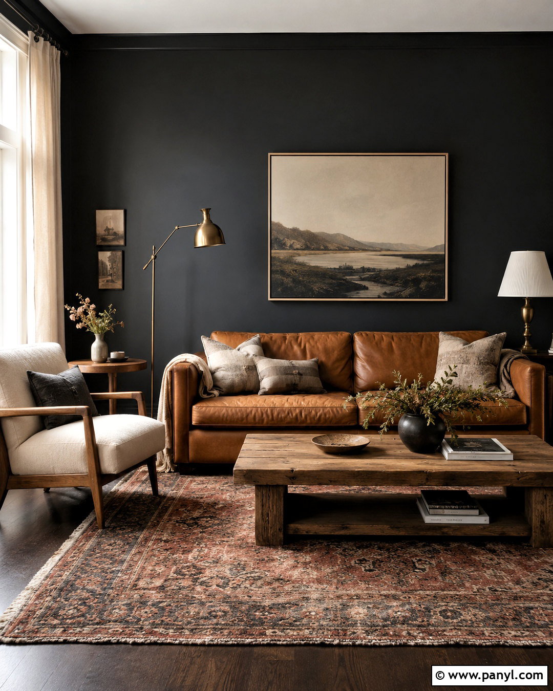 Black Wall Living Room With Brown Leather Sofa - 20 black wall living room decorating ideas