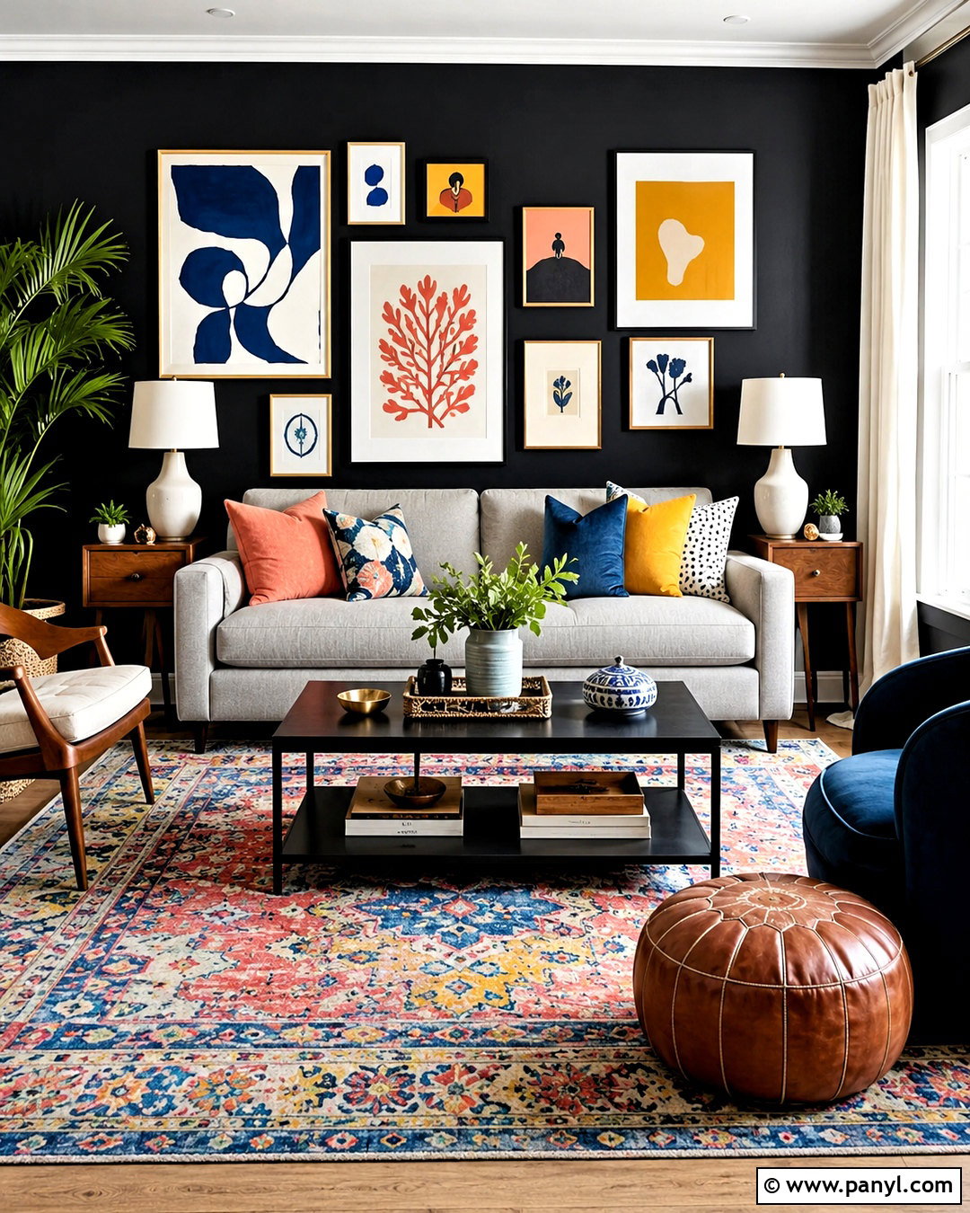 Black Wall Living Room With Colorful Art - 20 black wall living room decorating ideas