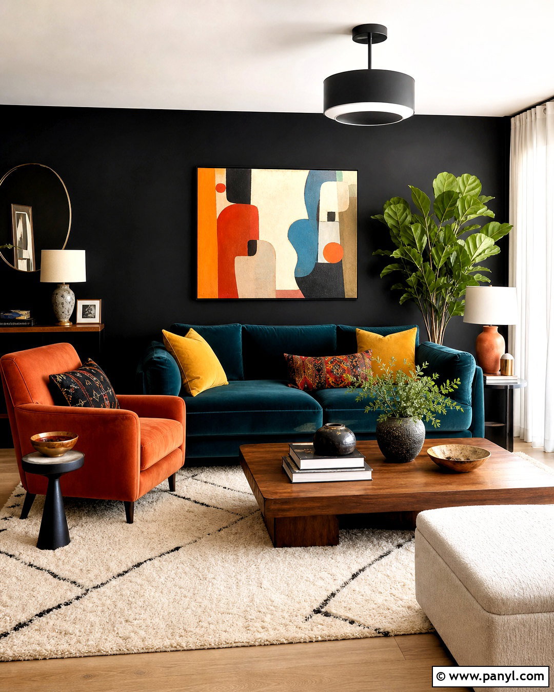 Black Wall Living Room With Colorful Furniture - 20 black wall room ideas