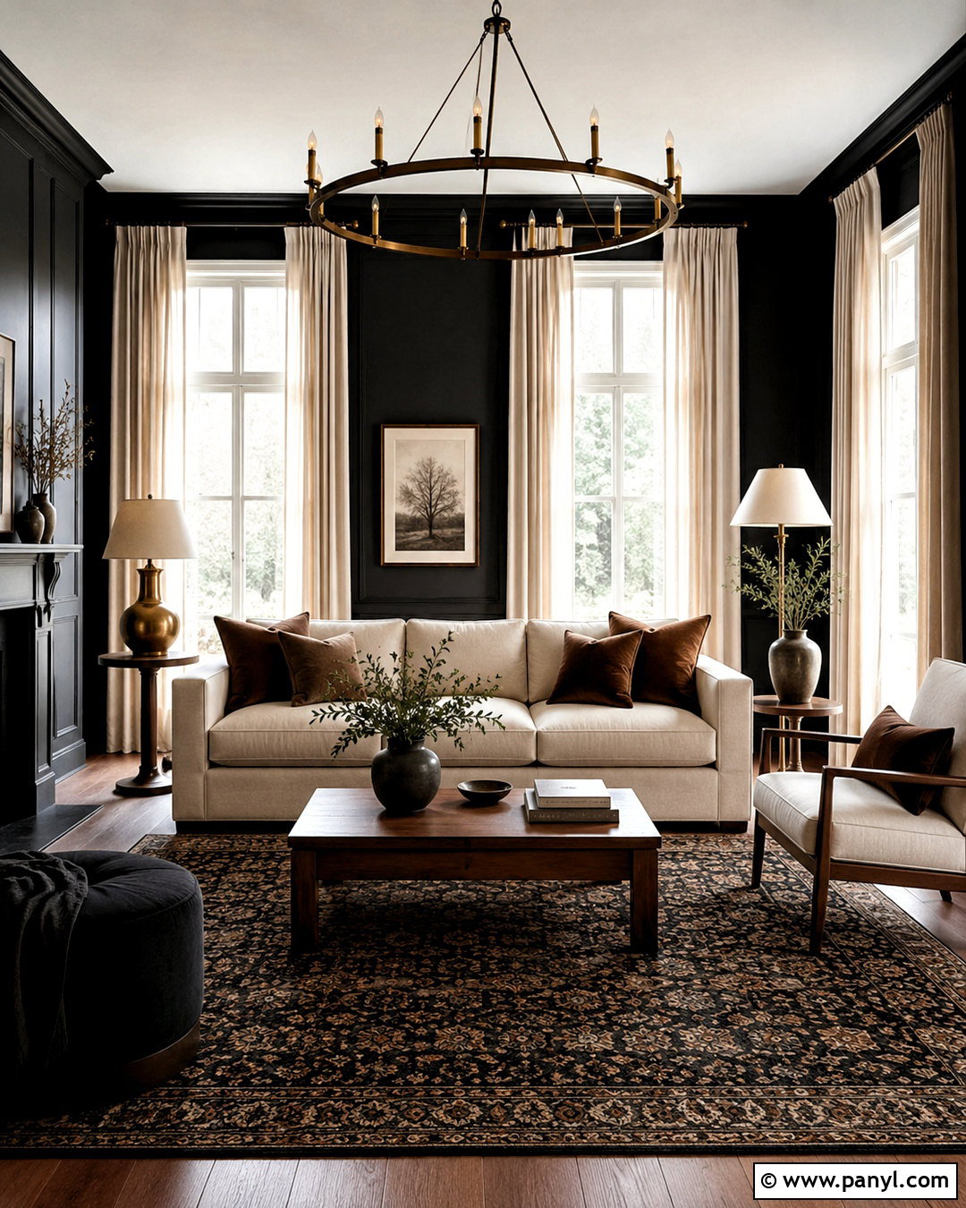 Black Wall Living Room With Cream Curtains - 20 black wall living room decorating ideas