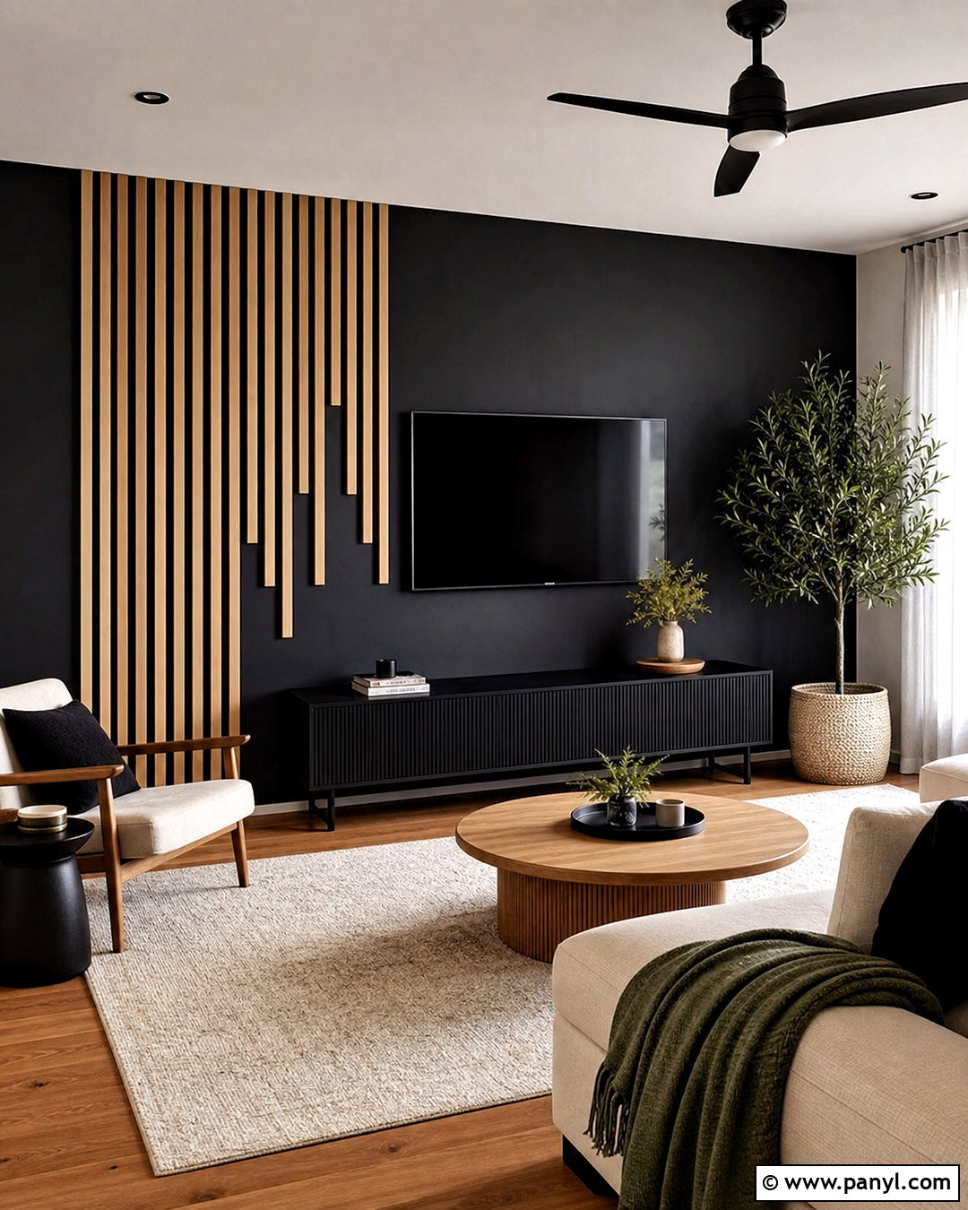 Black Wall Living Room With Oak Slats - 20 black wall with wood accents