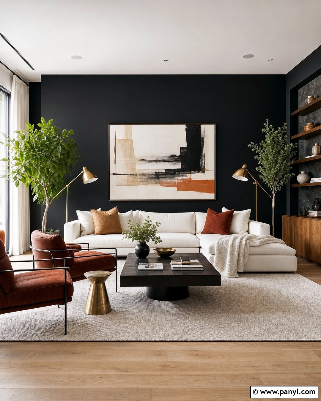 Black Wall Living Room With White Sofa - 25 Room With One Black Wall Ideas