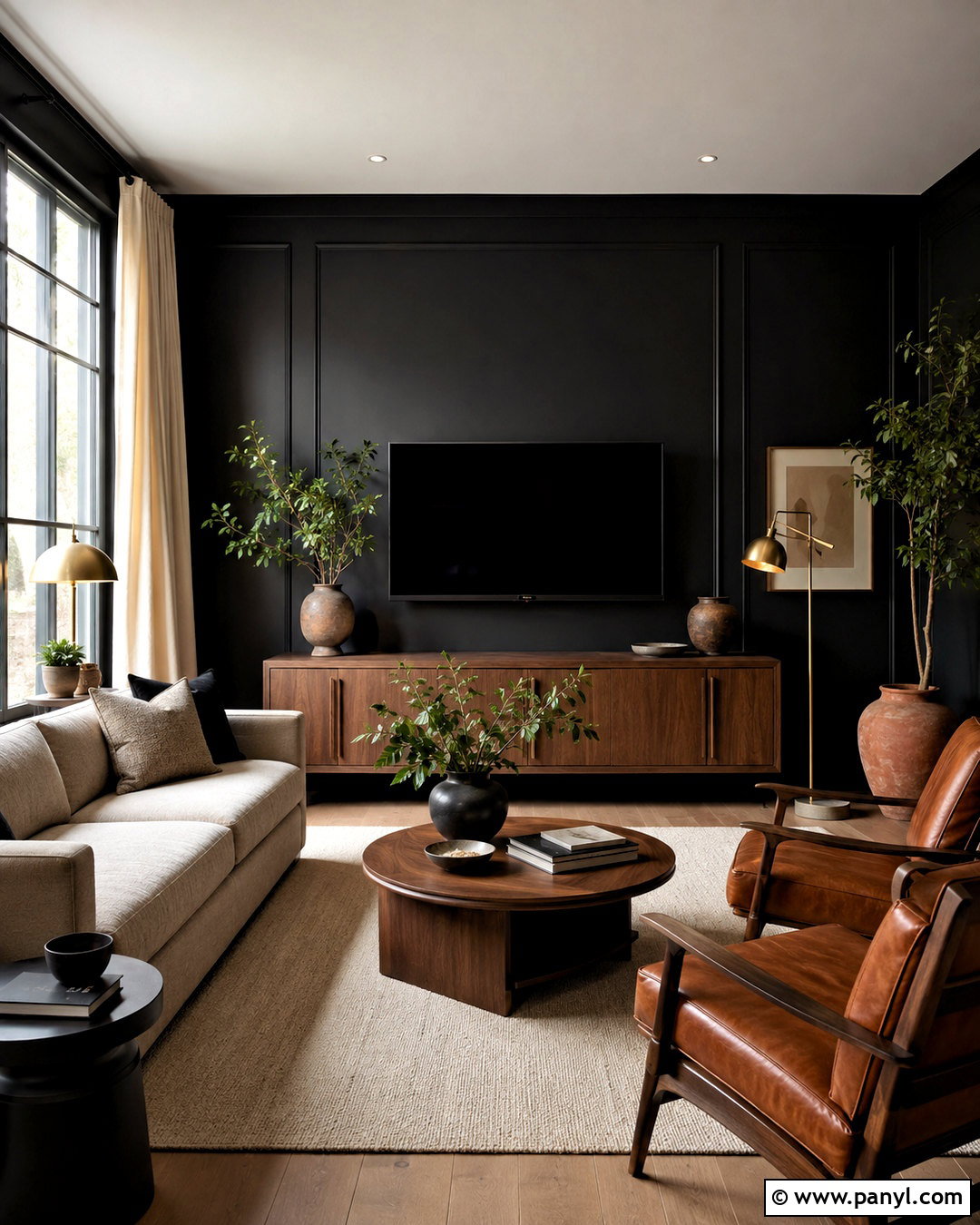 Black Wall Living Room With Wood Furniture - 20 black wall aesthetic ideas