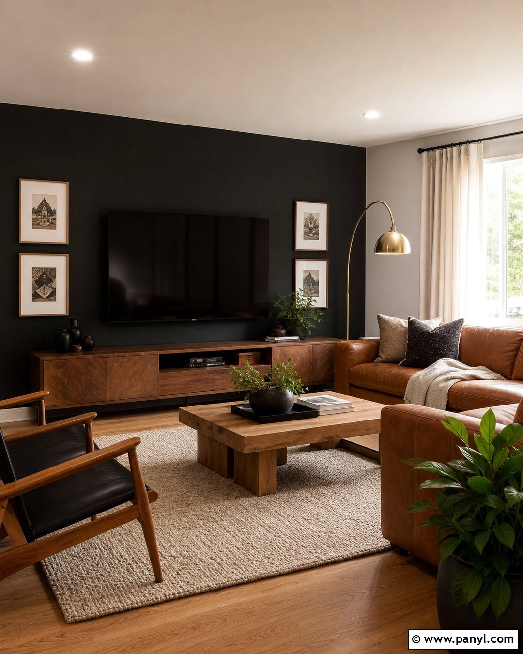 Black Wall Living Room With Wood Furniture - 25 Room With One Black Wall Ideas