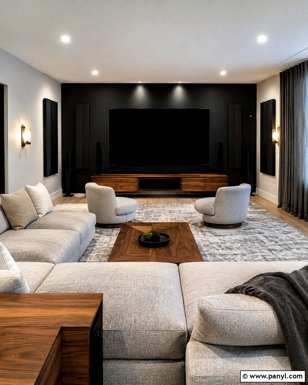 Black Wall Media Room With Sectional - 20 black wall ideas