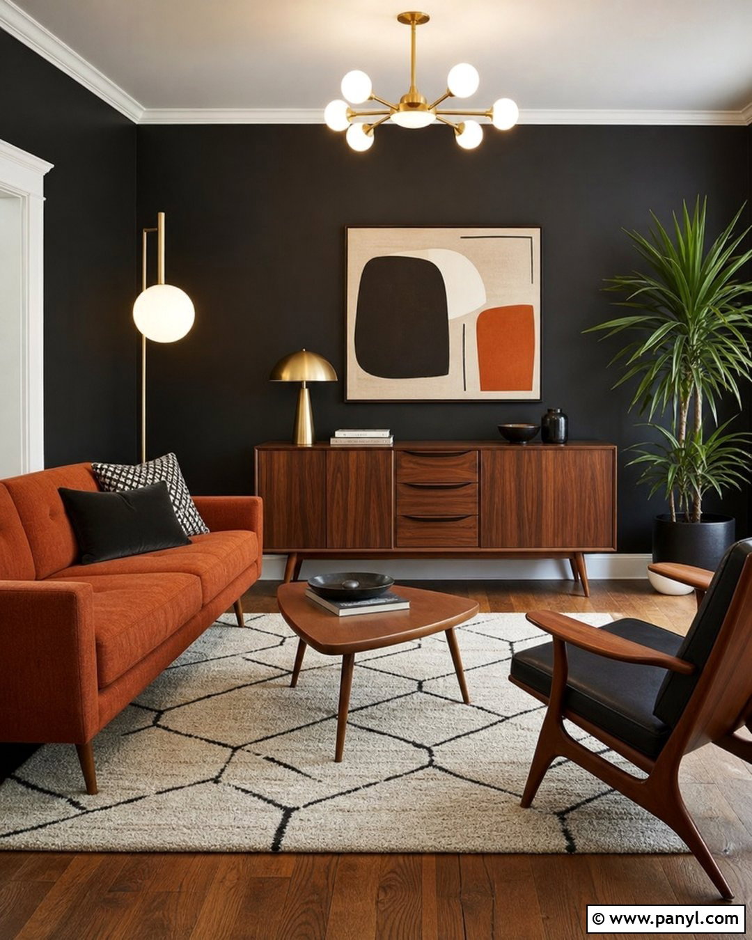 Black Wall Midcentury Living Room - 30 Black Wall Paint Ideas