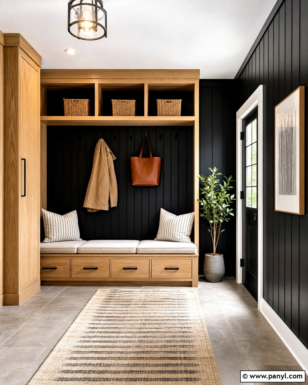 Black Wall Mudroom With Wood Storage - 20 black wall with wood accents