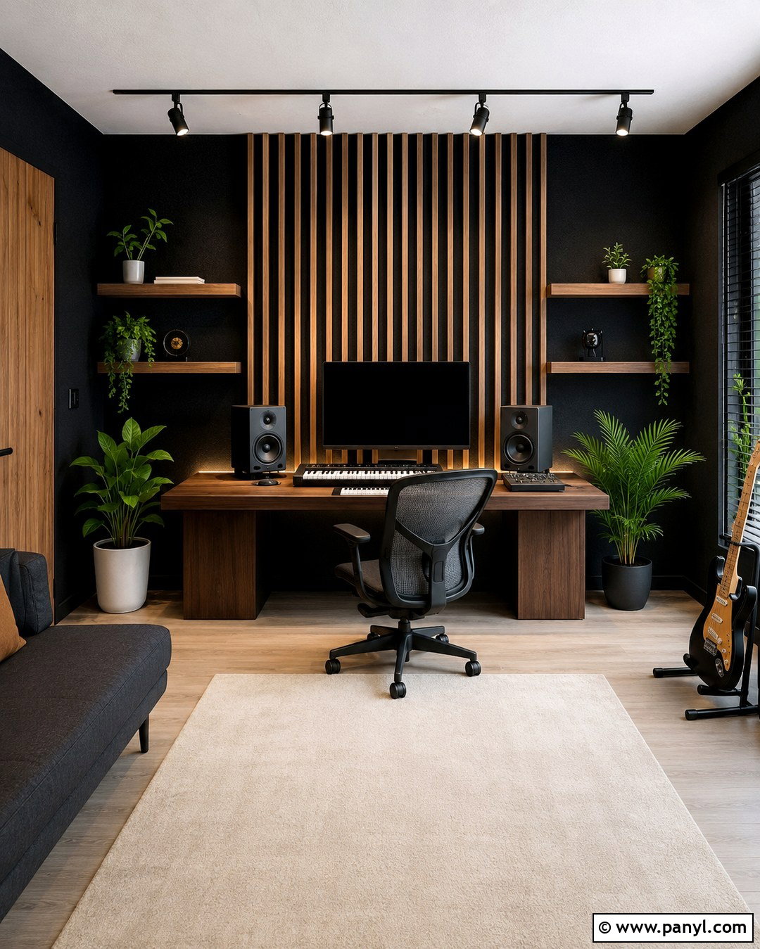 Black Wall Music Studio With Wood Slats - 20 Black Wall Music Room Ideas