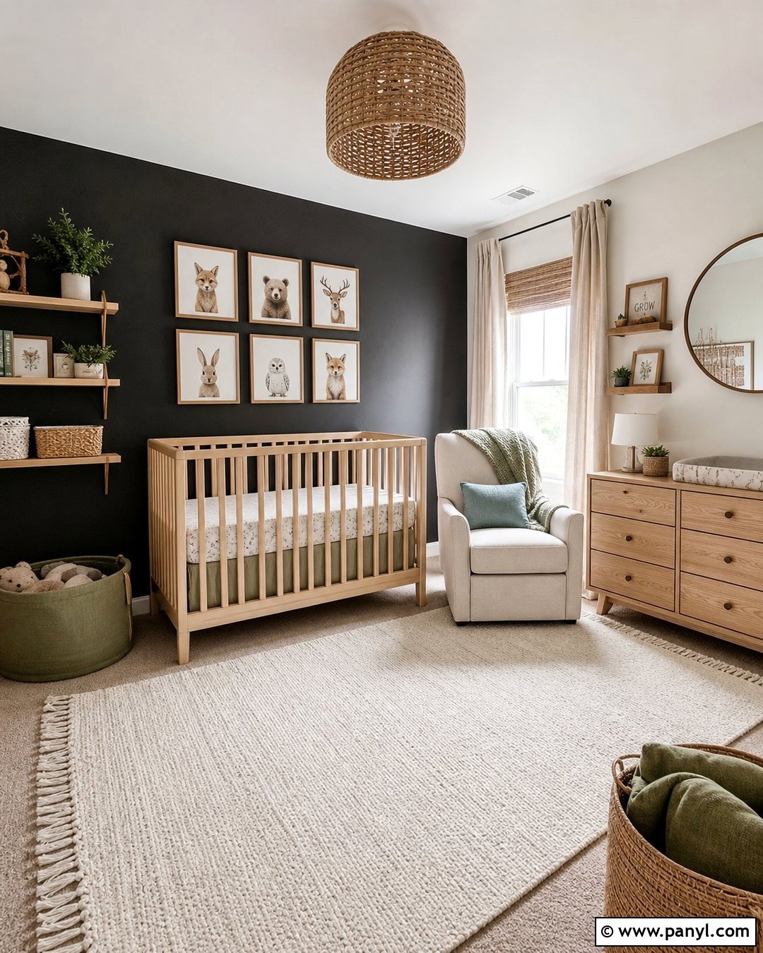 Black Wall Nursery With Light Wood Crib - 30 Black Wall Interior Ideas