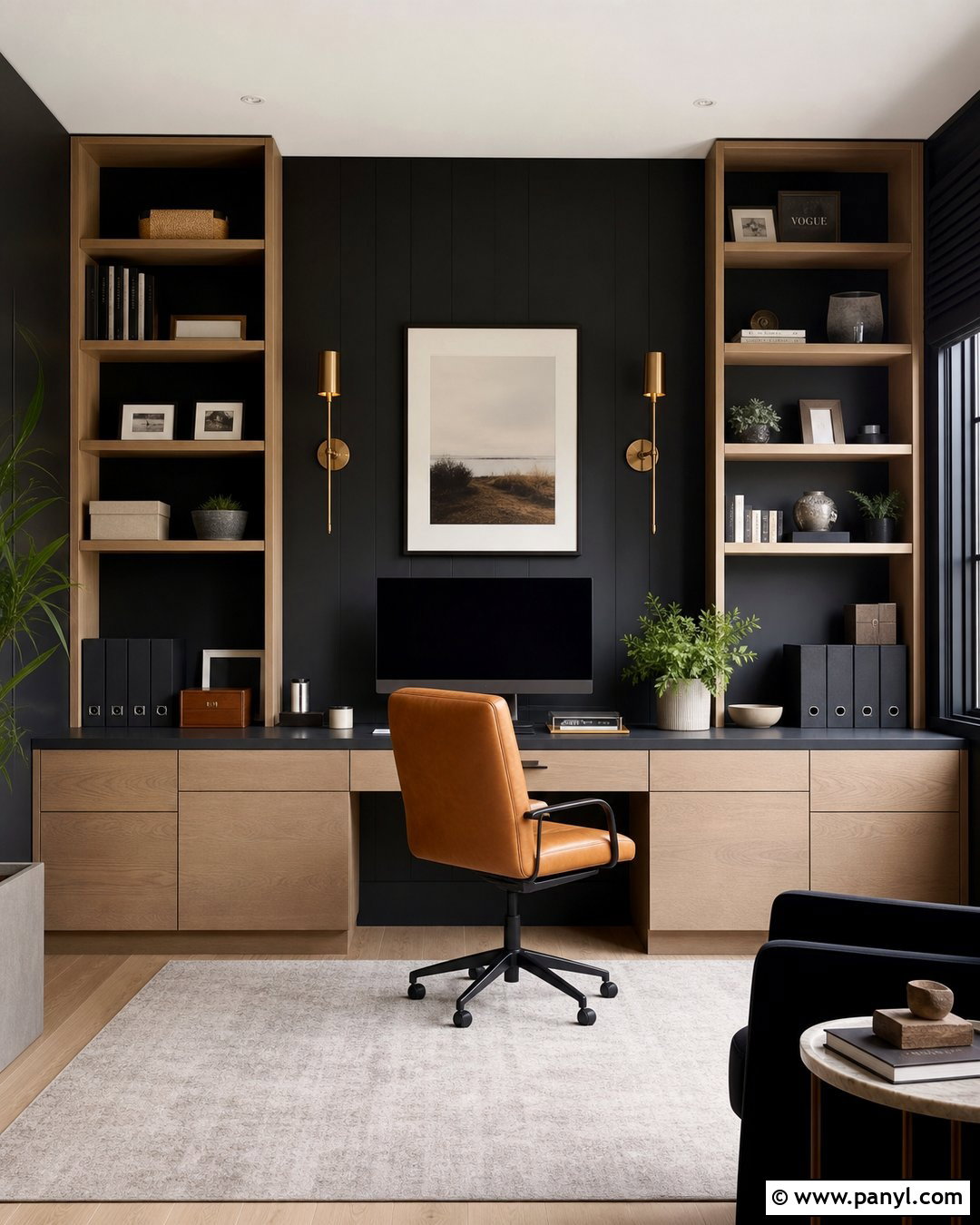 Black Wall Office With Built In Desk - 25 Room With One Black Wall Ideas