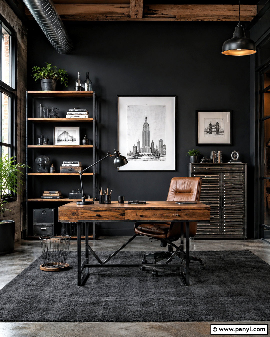Black Wall Office With Industrial Furniture - 20 black wall office ideas