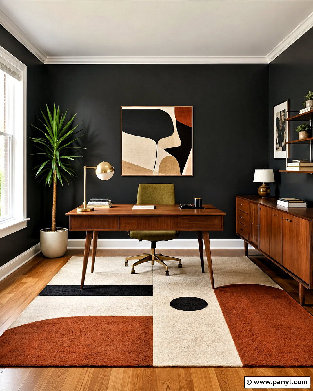 Black Wall Office With Midcentury Furniture - 20 black wall office ideas