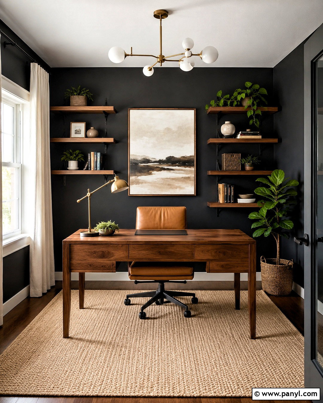 Black Wall Office With Warm Wood Desk - 20 black wall office ideas