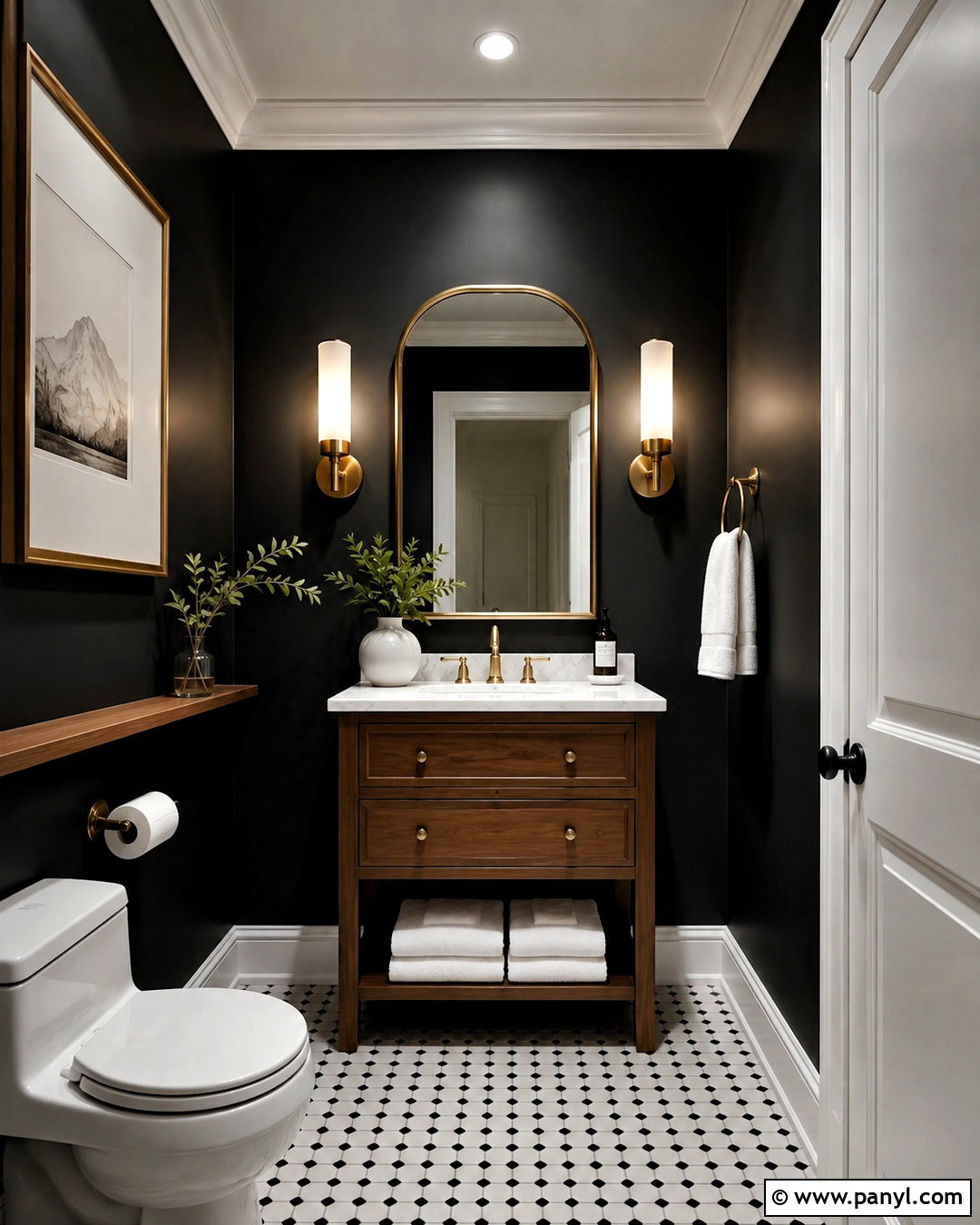 Black Wall Powder Room With Brass Fixtures - 20 black wall ideas