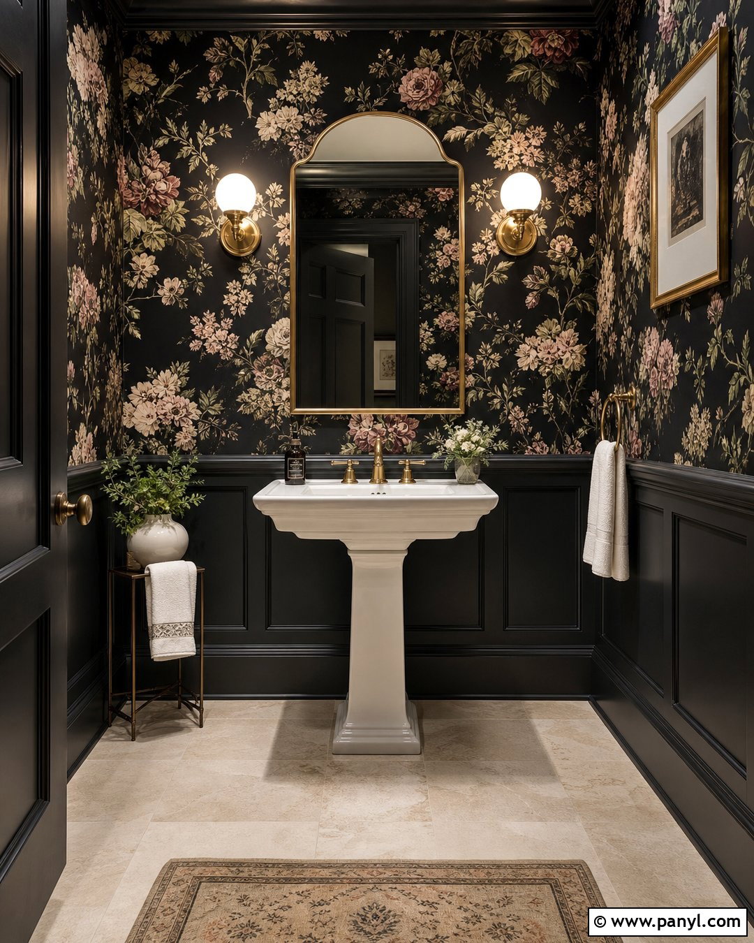 Black Wall Powder Room With Floral Wallpaper - 30 Black Wall Interior Ideas