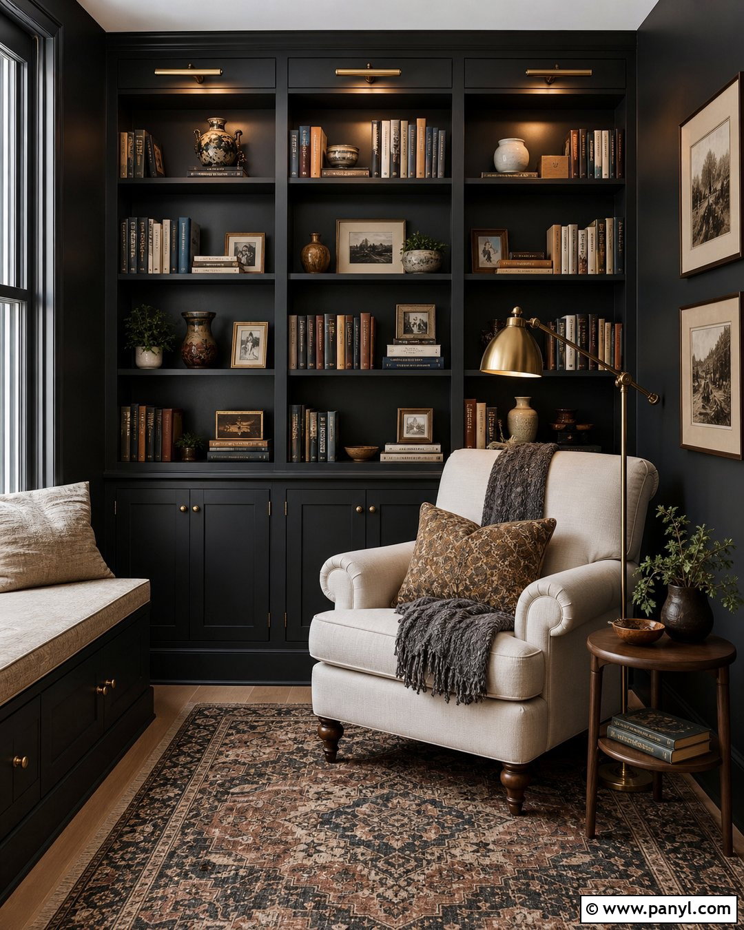Black Wall Reading Nook With Bookshelves - 30 Black Wall Interior Ideas