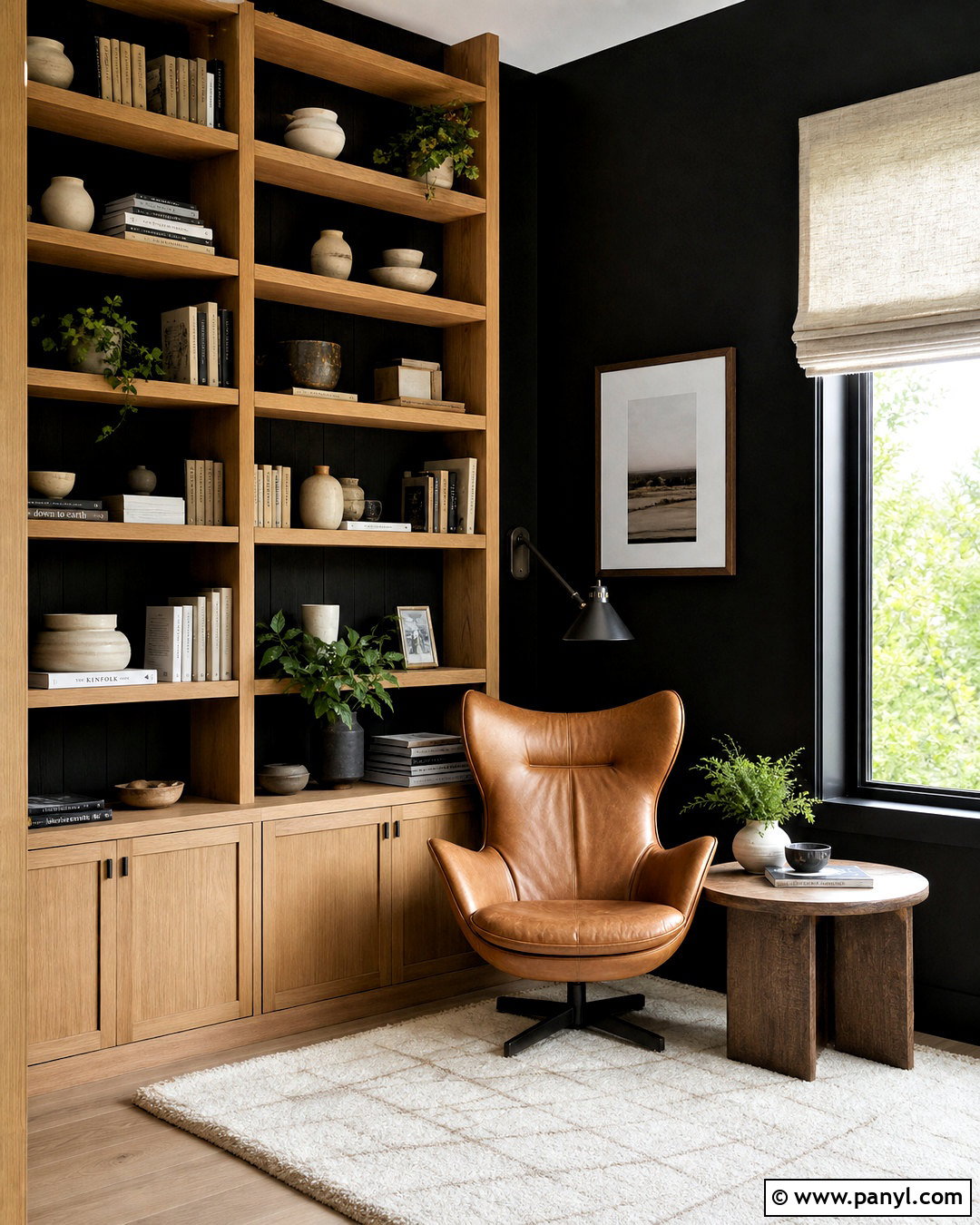 Black Wall Reading Nook With Wood Shelves - 20 black wall with wood accents