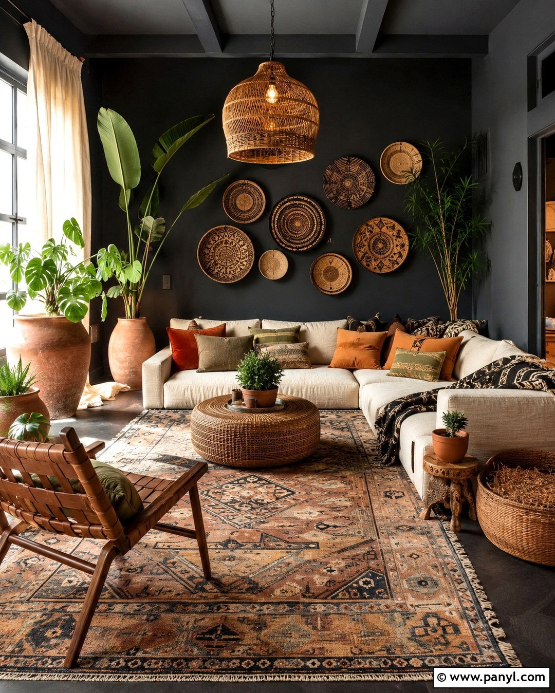 Black Wall Sitting Room With Boho Decor - 20 Black Wall Sitting Room Ideas