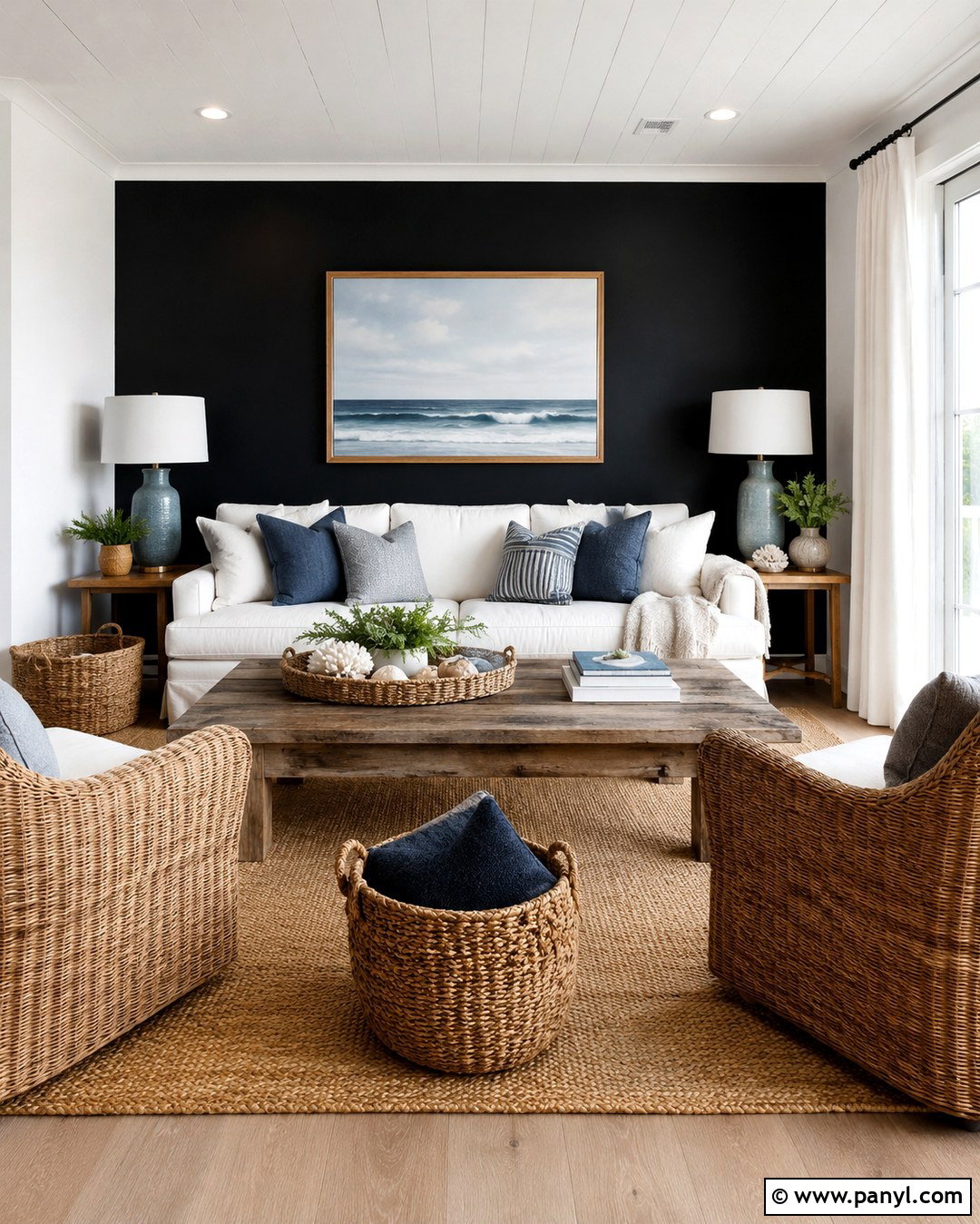 Black Wall Sitting Room With Coastal Decor - 20 Black Wall Sitting Room Ideas