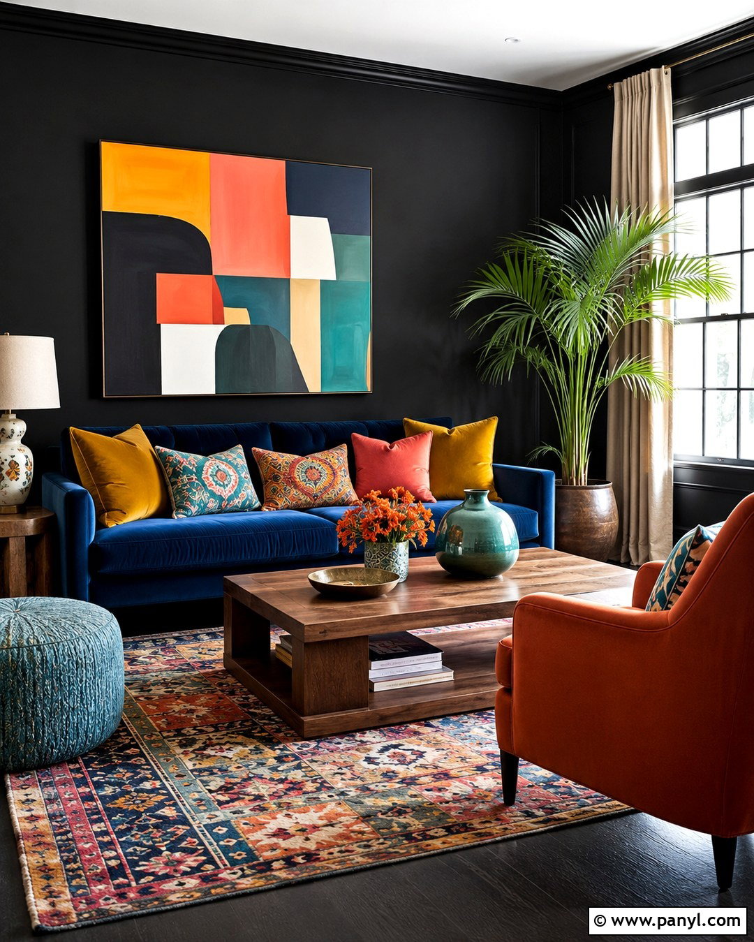 Black Wall Sitting Room With Colorful Decor - 20 Black Wall Sitting Room Ideas