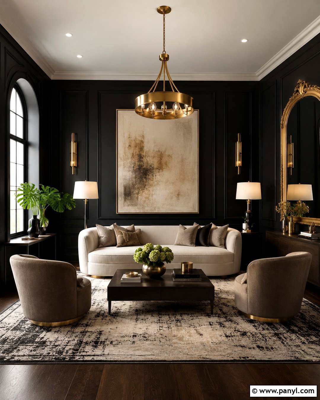 Black Wall Sitting Room With Gold Accents - 20 Black Wall Sitting Room Ideas