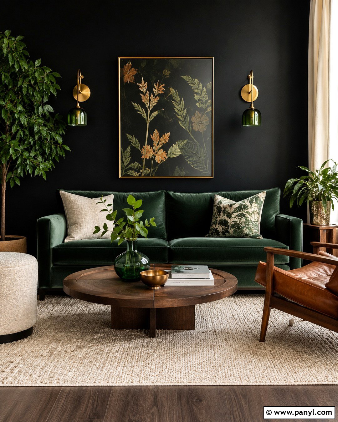 Black Wall Sitting Room With Green Sofa - 20 Black Wall Sitting Room Ideas