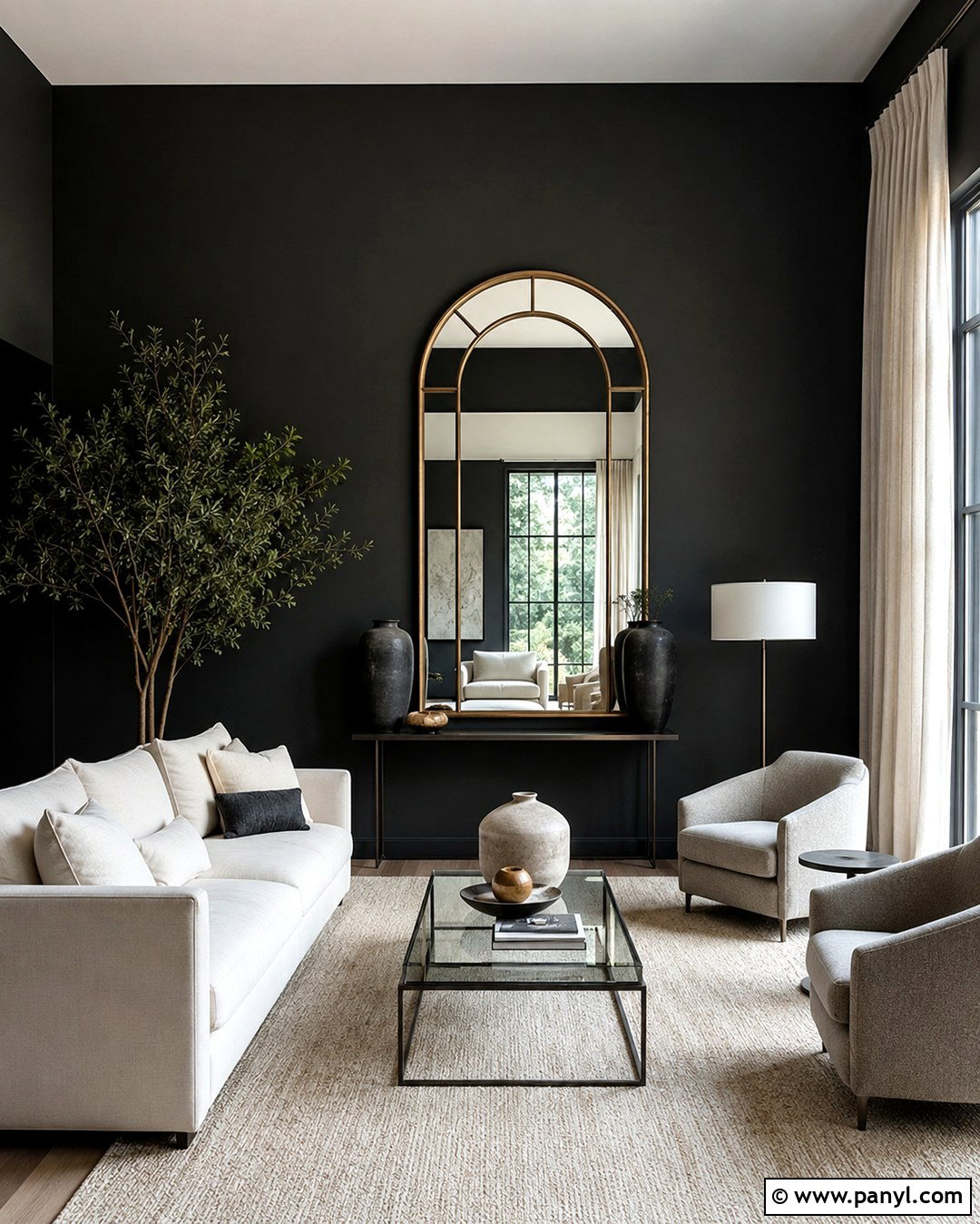 Black Wall Sitting Room With Large Mirror - 20 Black Wall Sitting Room Ideas