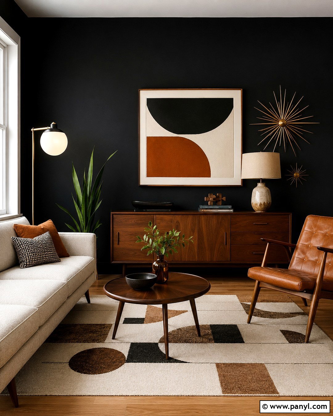 Black Wall Sitting Room With Midcentury Furniture - 20 Black Wall Sitting Room Ideas