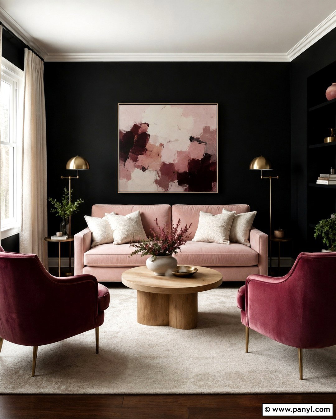 Black Wall Sitting Room With Pink Accents - 20 Black Wall Sitting Room Ideas