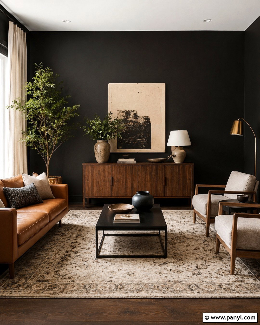 Black Wall Sitting Room With Wood Furniture - 20 Black Wall Sitting Room Ideas