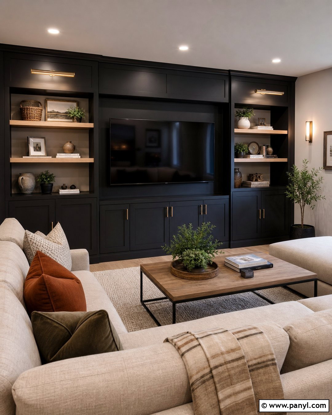 Black Wall TV Room With Built-In Cabinets - 30 Black Wall Interior Ideas