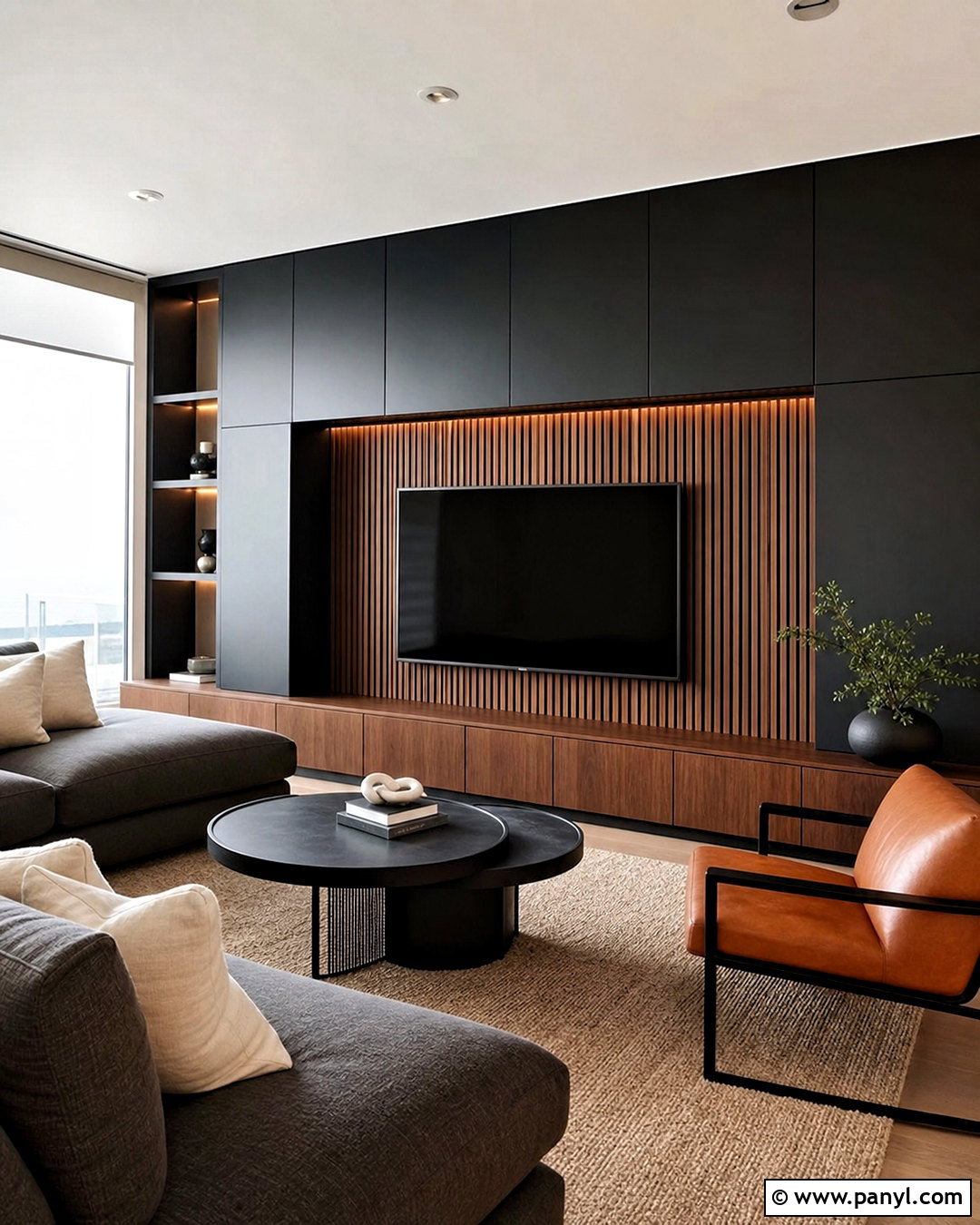Black Wall TV Room With Wood Media Unit - 20 black wall with wood accents