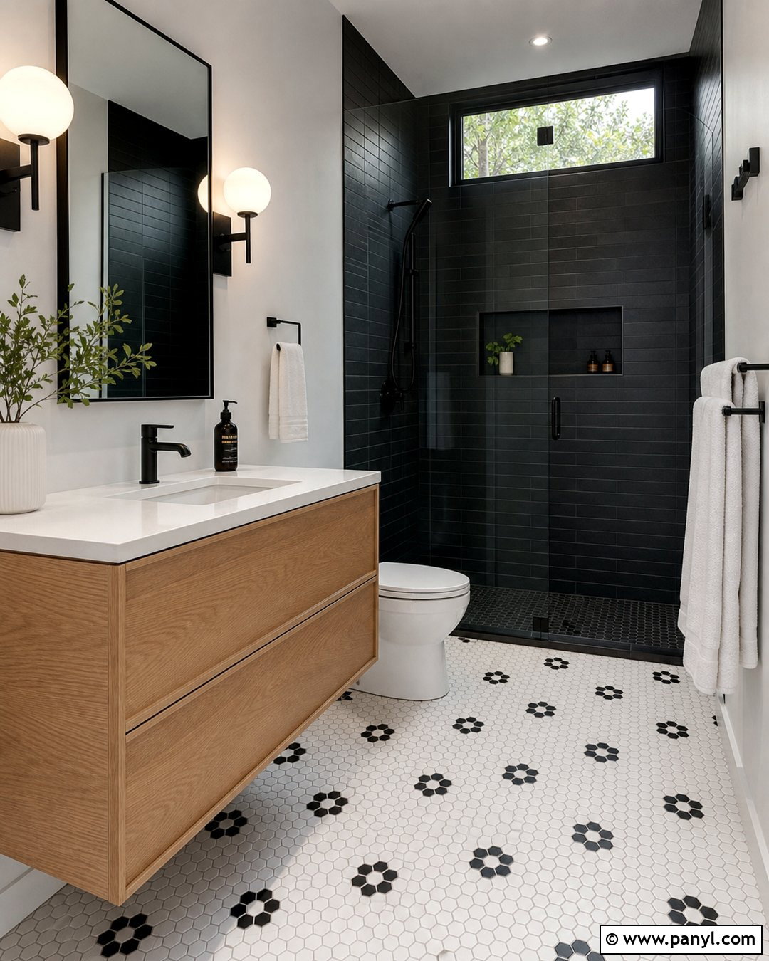Black Wall Tiles With White Hexagon Floor Tiles - 25 Wall And Floor Tiles Color Combination Ideas