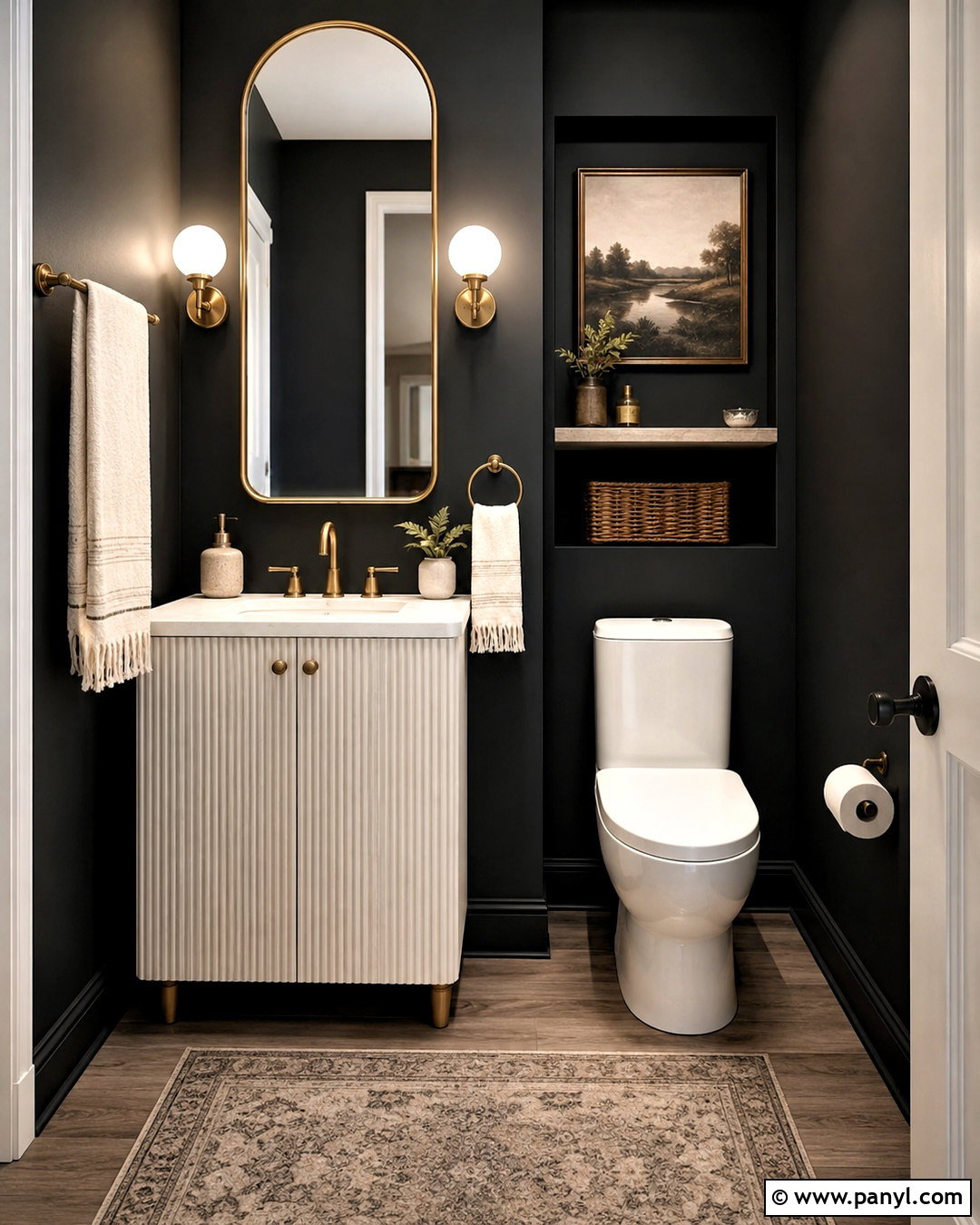 Black Wall With Arched Mirror - 20 black wall bathroom small spaces