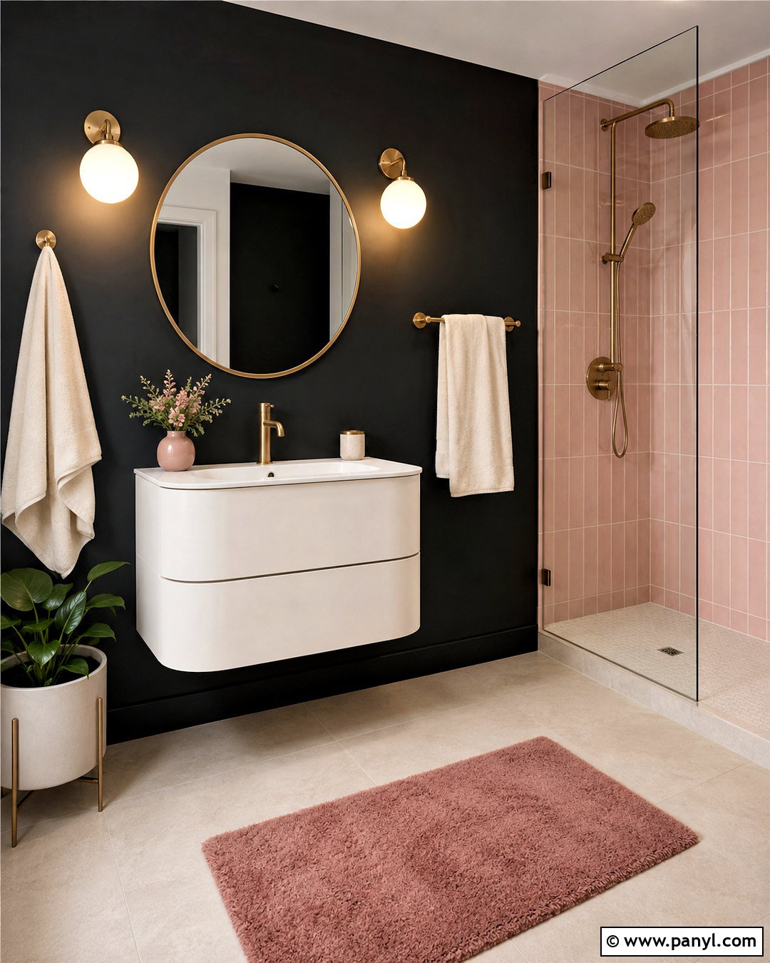 Black Wall With Blush Pink Accents - 20 black wall bathroom small spaces