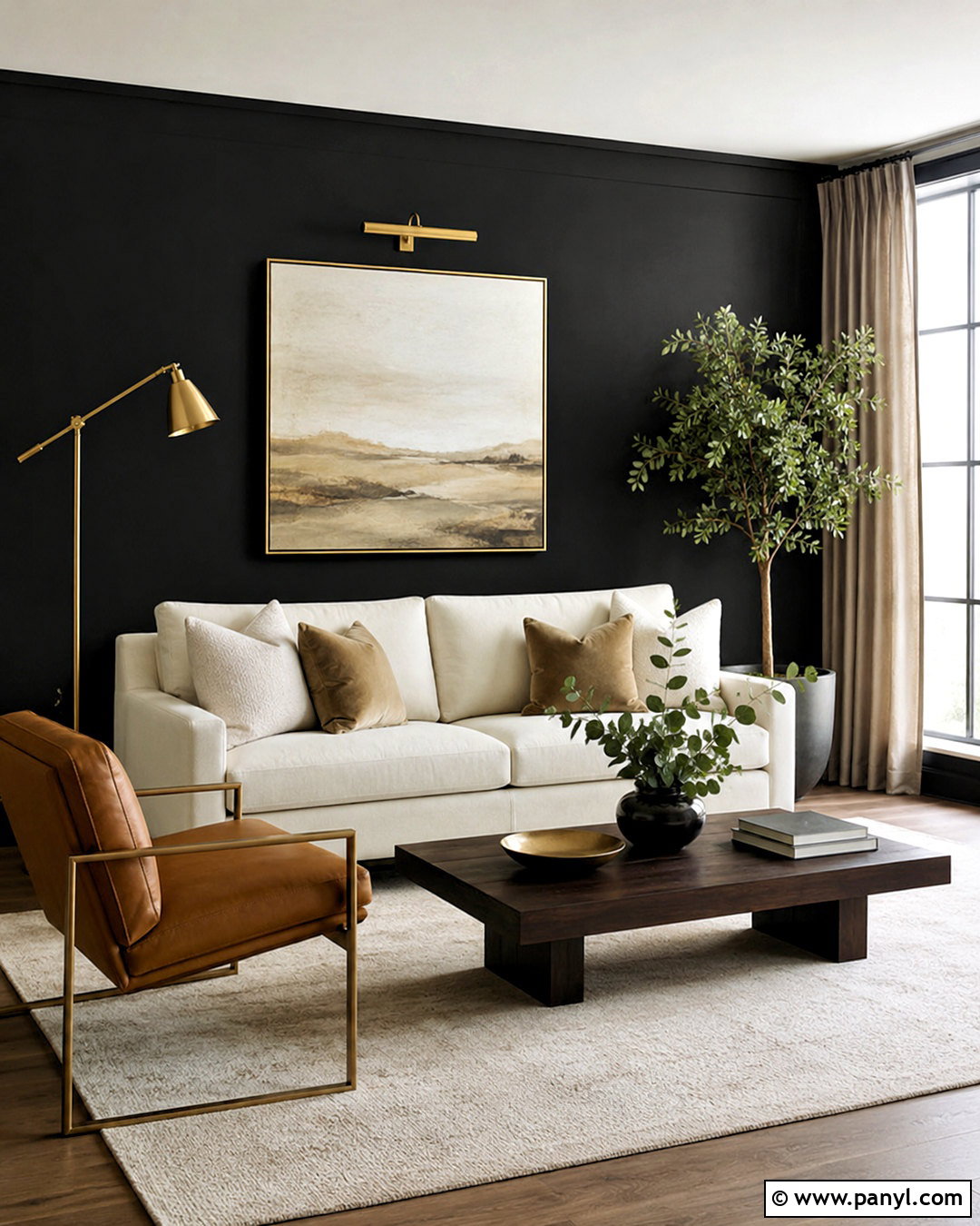 Black Wall With Brass Accents - 20 black living room wall ideas