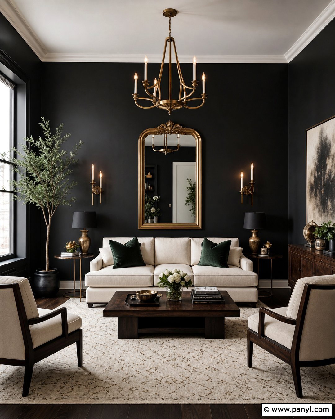 Black Wall With Brass Accents - 30 Black Wall Interior Ideas