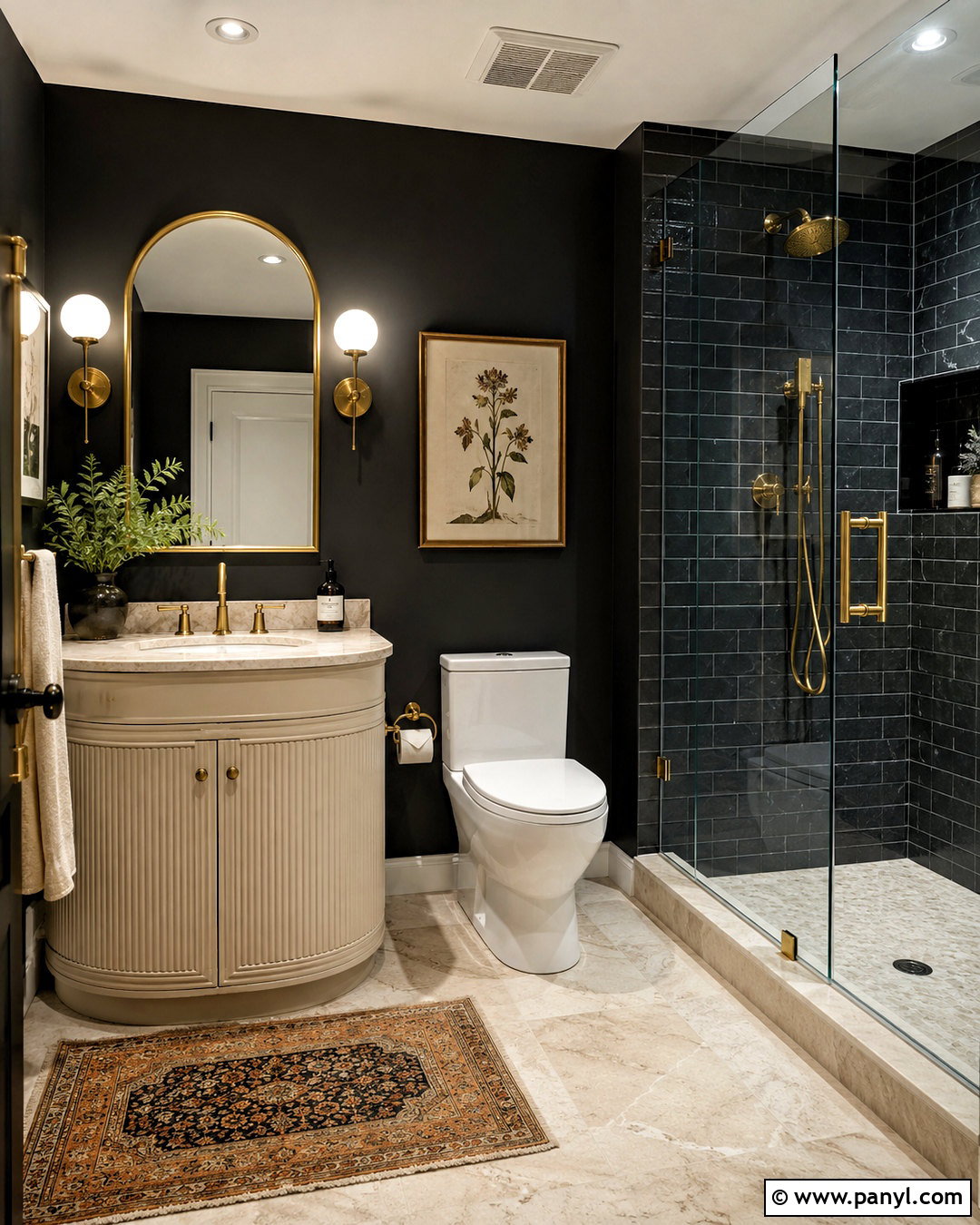 Black Wall With Brass Fixtures - 20 black wall bathroom small spaces