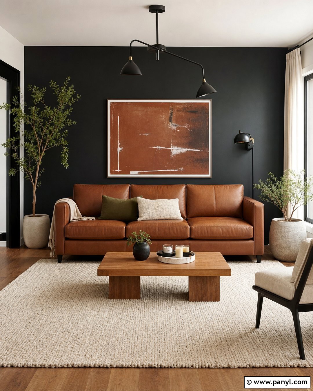 Black Wall With Brown Leather Sofa - 30 Black Wall Paint Ideas