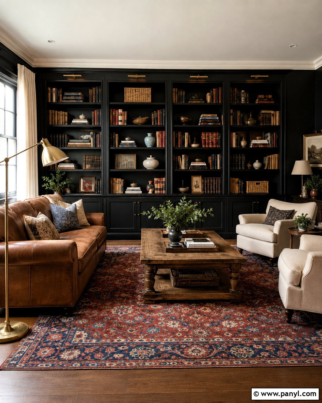 Black Wall With Built-In Bookcases - 20 black living room wall ideas