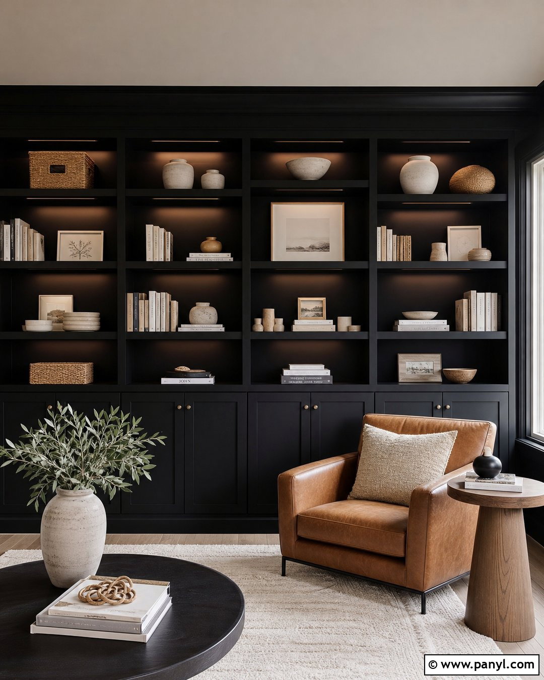 Black Wall With Built-In Shelves - 30 Black Wall Paint Ideas