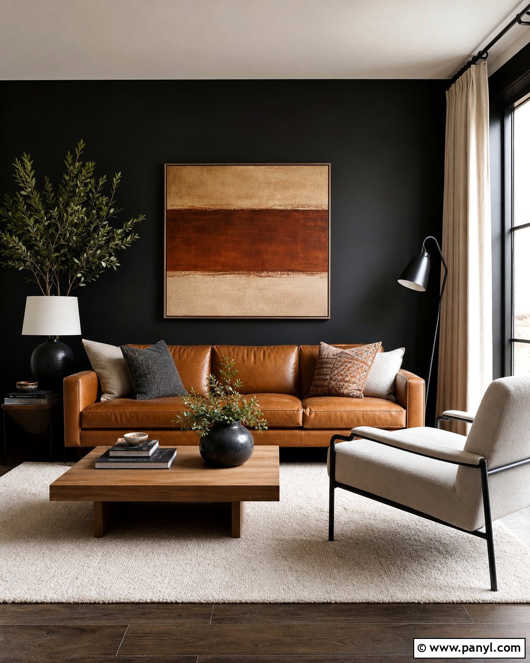 Black Wall With Cognac Leather Sofa - 30 Black Wall Interior Ideas