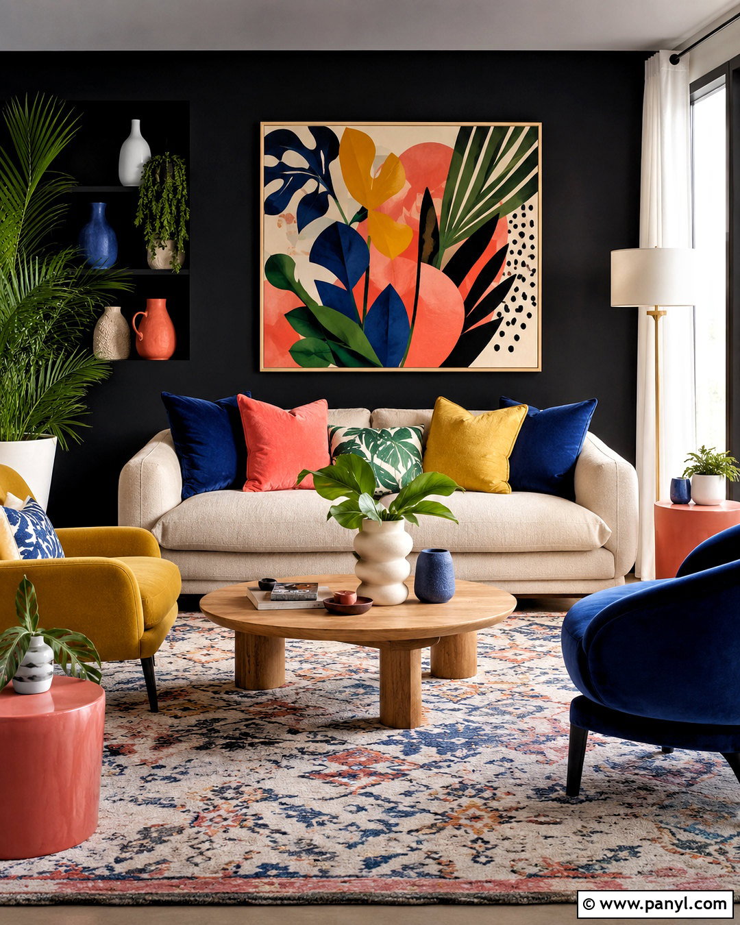 Black Wall With Colorful Decor - 20 black living room wall ideas