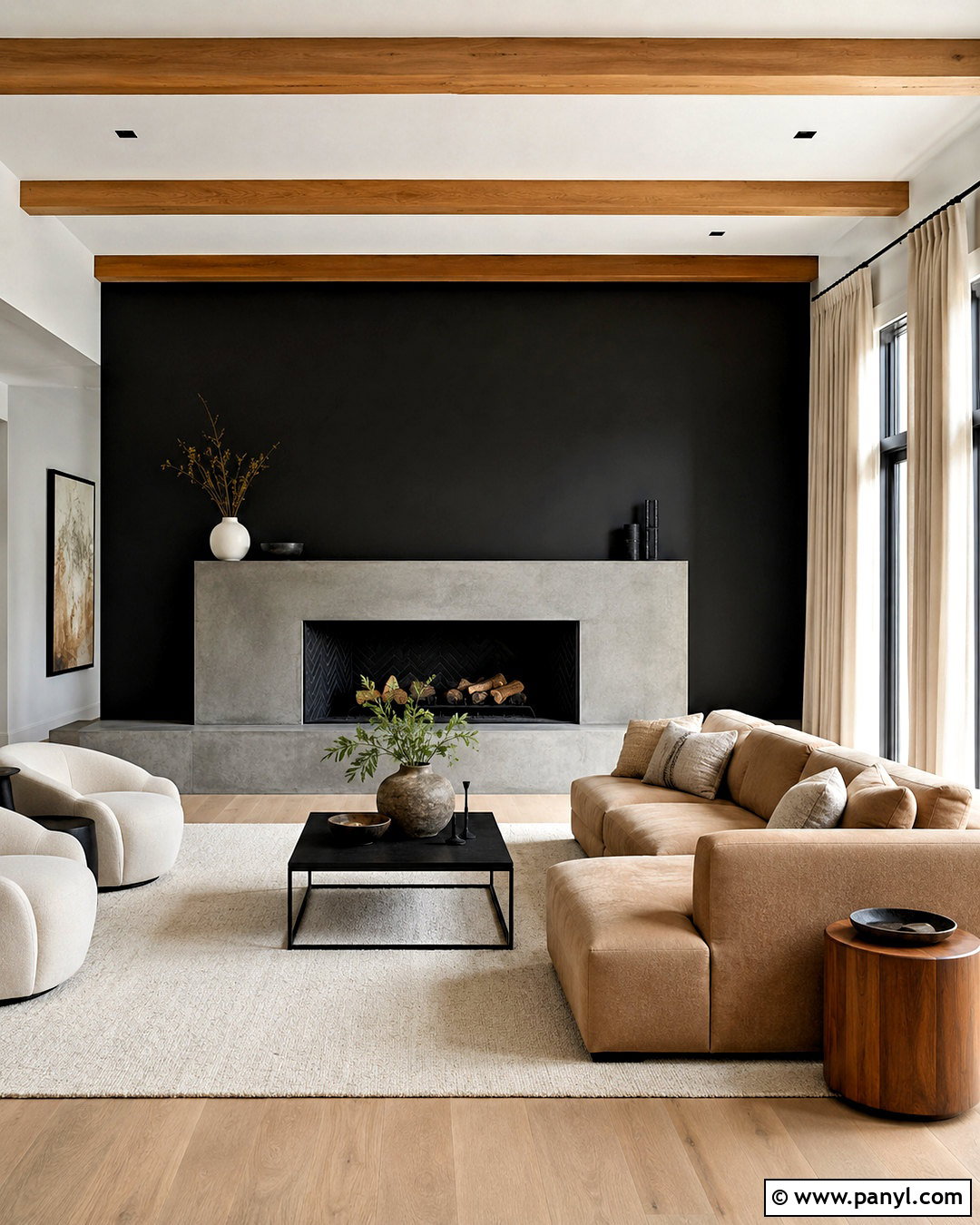 Black Wall With Concrete Fireplace - 20 black living room wall ideas