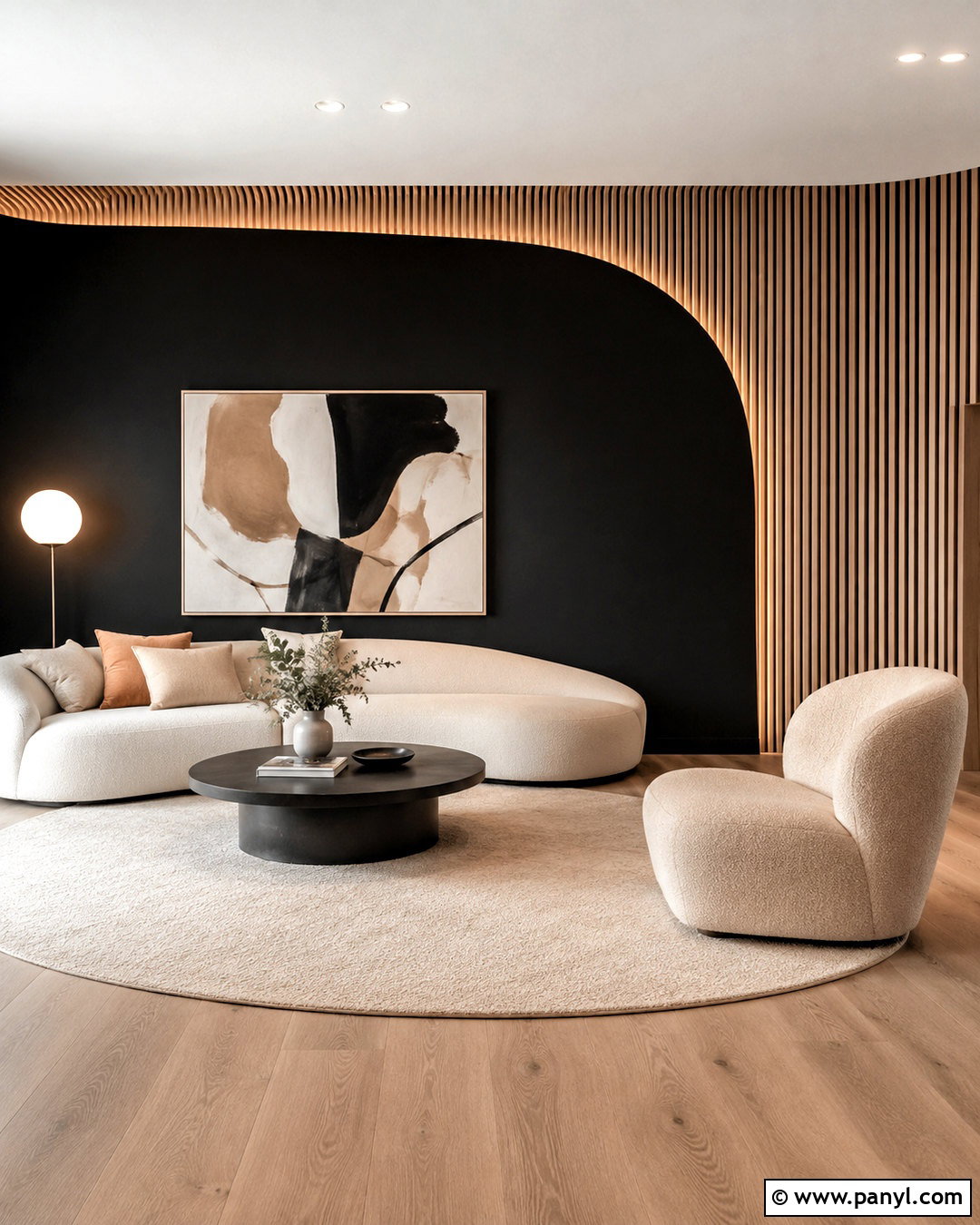 Black Wall With Curved Wood Slat Detail - 20 black wall with wood slats