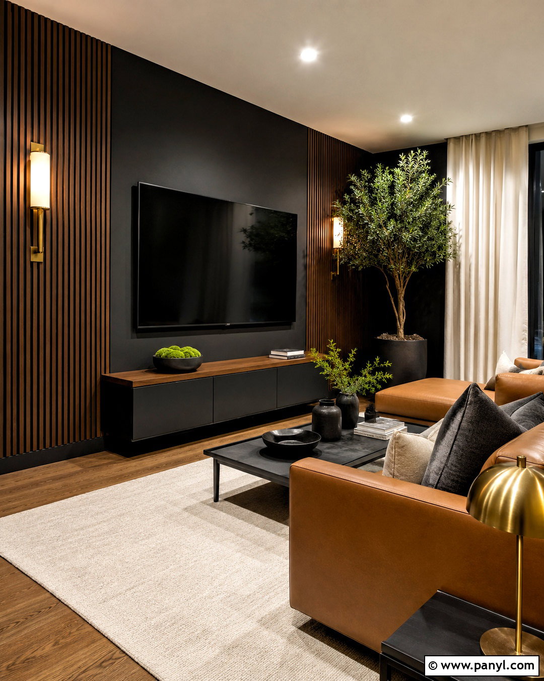 Black Wall With Dark Walnut Slats - 20 black wall with wood slats