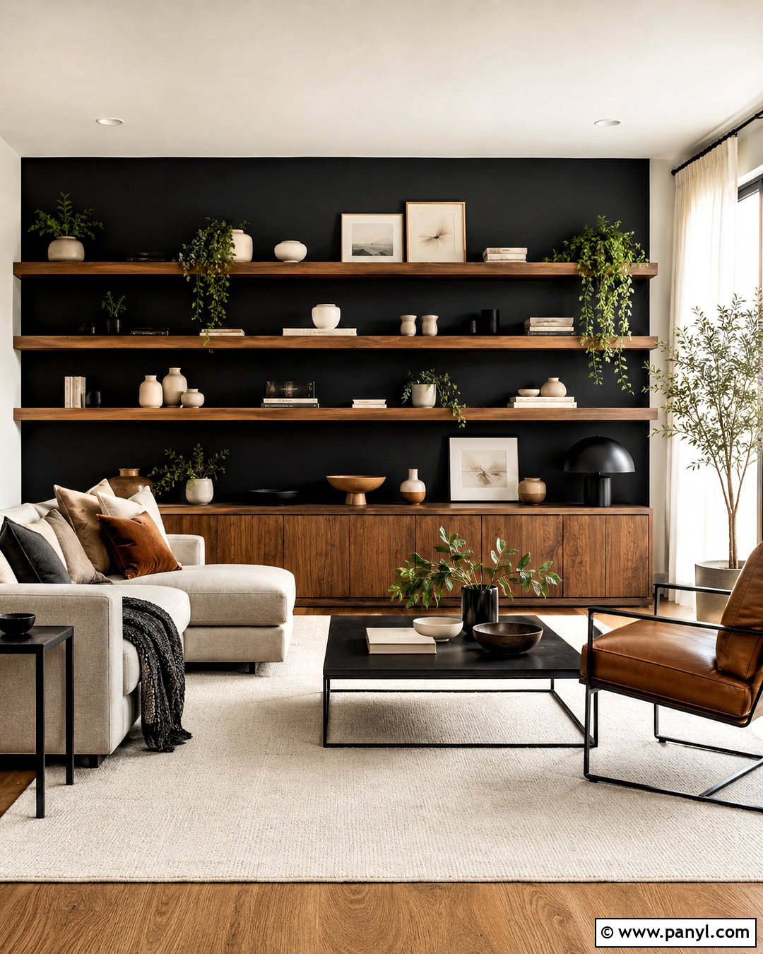 Black Wall With Floating Shelves - 20 black living room wall ideas